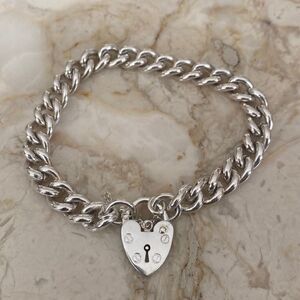 NEW! 925 Sterling Silver Heavy Curb Link Heart Padlock Bracelet 8” - 40g